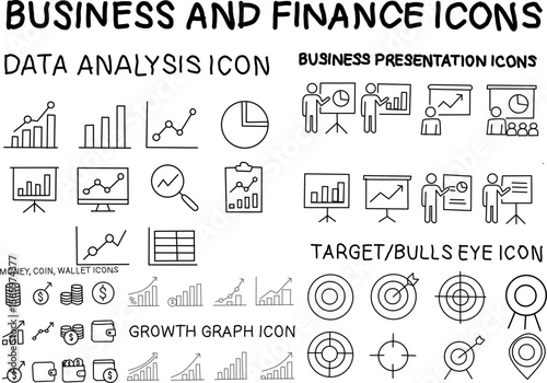Set of business and finance line icons featuring charts, graphs, data analysis, presentations, targets, and growth visuals in a modern outline style.