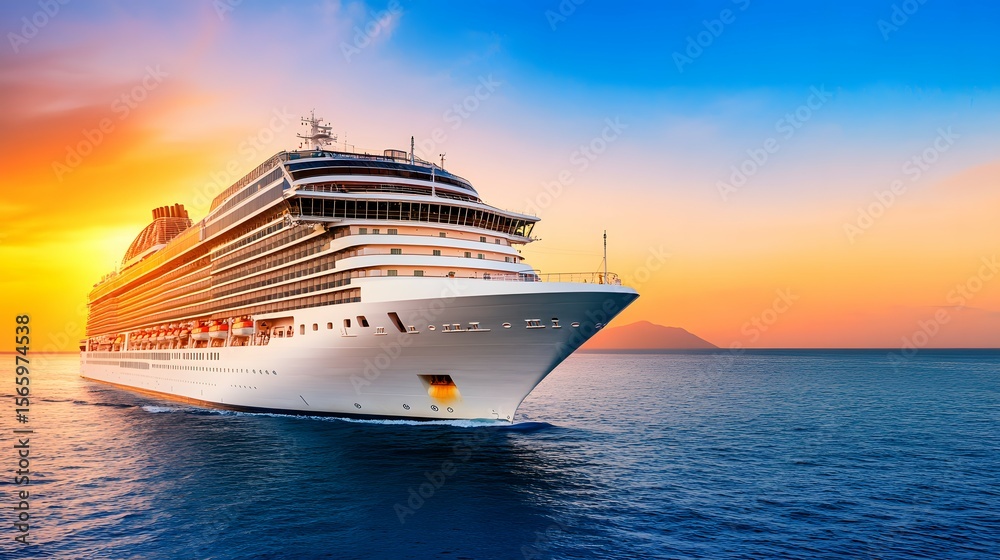 Cruise ship sails on the ocean at sunset with a colorful sky. Cruise ship sails on the ocean at sunset with a colorful sky.