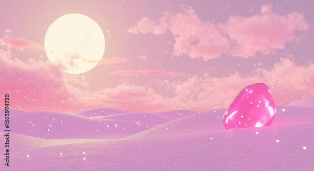 Naklejka premium Dreamscape Gem: A serene landscape, dominated by pastel hues and a mystical gem, creates an ethereal atmosphere and invites viewers into a world of imaginative wonder.