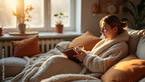 A woman relaxes at home, reading a book and enjoying a warm beverage.