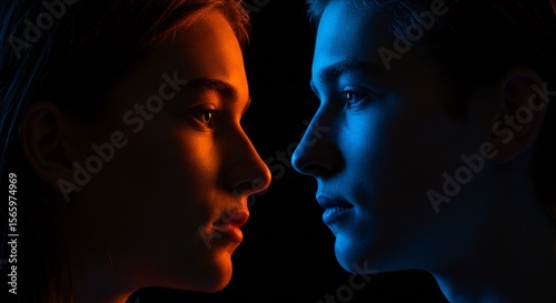 Two human profiles are illuminated by contrasting blue and orange light, facing each other against a dark background.
