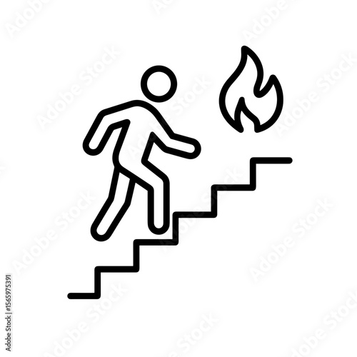 Fire escape stairs icon with figure and flame — outline version