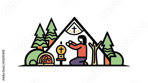 Person praying in forest near small shrine with cross and trees  