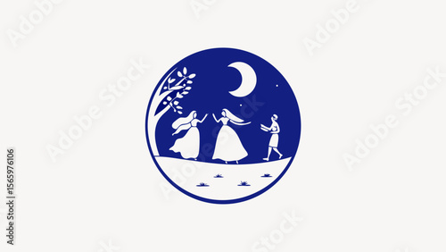 Silhouette of three dancing figures under moonlight in circular design  