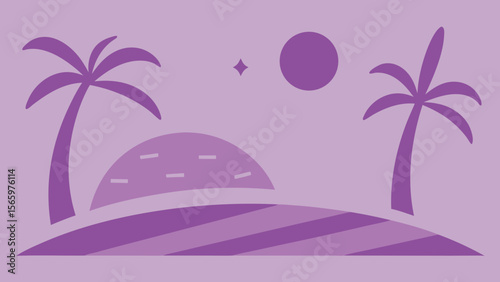 Abstract landscape with palm trees and sun on purple background  