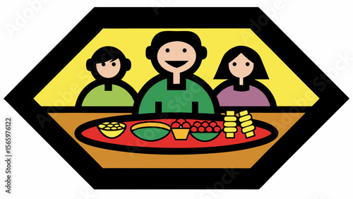 Family enjoying meal together at table with various foods  