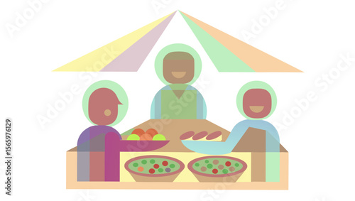 Group of people enjoying food at a market under a colorful canopy  