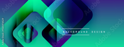 Abstract geometric shapes overlap, creating vibrant gradient effect. Modern design features cool blues, greens, purples. Minimalist aesthetic.
