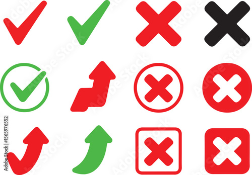 Checkmark and cross icon vector set collection. Check, tick, and x mark sign symbol-Up and down business web arrows and check mark icons vector set