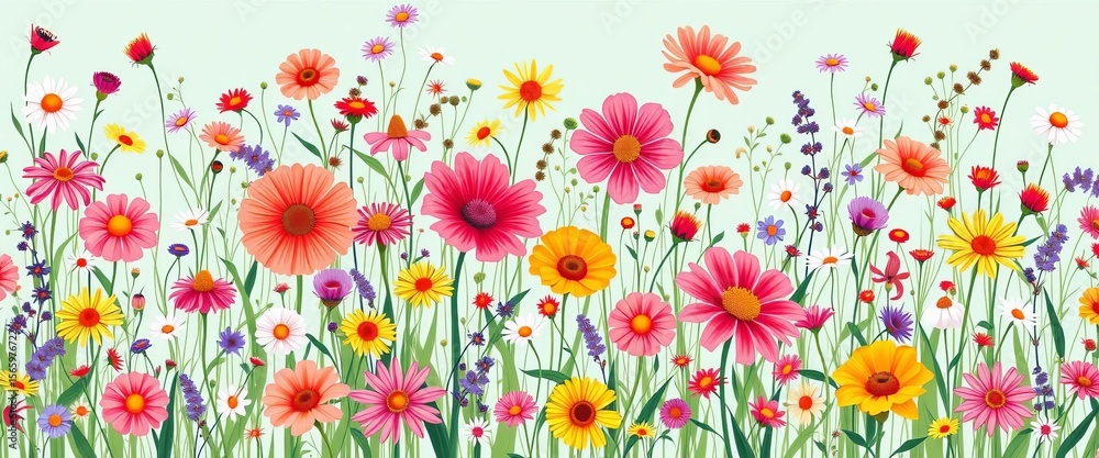 Obraz premium Whimsical, vibrant wildflowers in a continuous, flowing pattern, graphic, nature