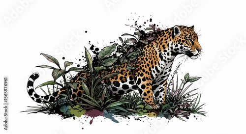 elegant predator vanishes into the rainforest through masterful ink camouflage. A blend of stealth, color, and creative realism.