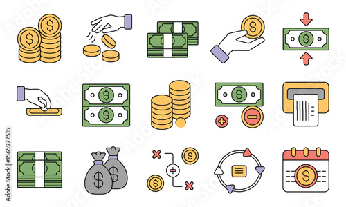 Money related color line icon set. money symbols including bank, payment, dollar and finance themed vector designs
