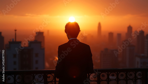 Silhouetted businessman contemplates a vibrant sunrise over a sprawling cityscape.