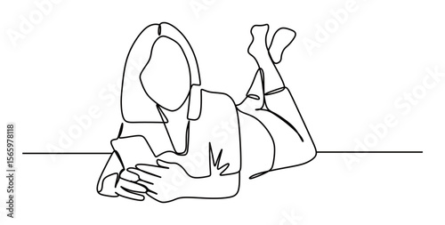 a continuous line art of a woman engaged with her smartphone while lying down. vector illustration of a woman holding a mobile phone