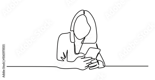 continuous line art of a woman engaged in activities with her smartphone. vector illustration of a woman holding a smartphone.