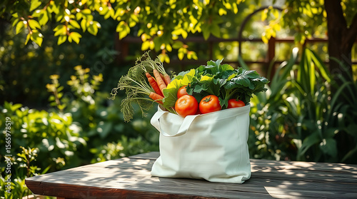 A white tote bag filled with fresh vegetables sits on a wooden table outdoors in a lush garden setting.