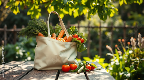 A canvas bag filled with fresh vegetables sits on a wooden table outdoors, surrounded by greenery and sunlight.