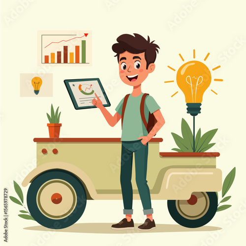 Business Owner Showcasing His Startup Growth and Success – Flat Vector Illustration