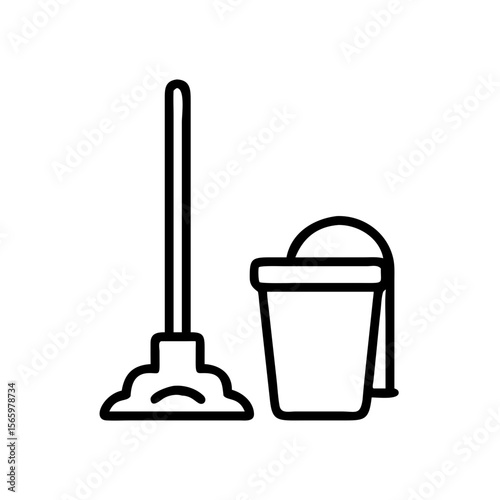 Mop and bucket for cleaning in minimalist line art style  