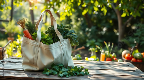 Beige reusable grocery bag filled with fresh vegetables and herbs sits on a wooden table outdoors.