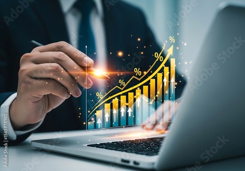 Businessman analyzing upward trending financial graph with percentage symbols on laptop screen with glowing effect