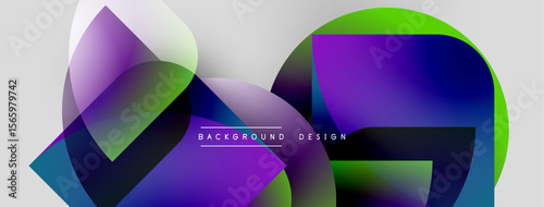 Abstract shapes overlap, creating vibrant color gradients. Modern design features smooth transitions, dynamic composition. Background includes text elements.