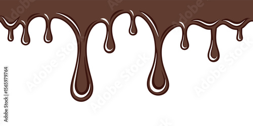 Dripping chocolate melt border. Liquid sweet sauce or syrup flow for dessert background. Vector illustration isolated on a transparent background..