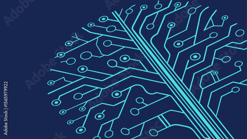 Abstract vector tree on a digital circuit board background with tech lines and microchip patterns