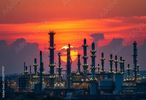 Dusk illuminates colossal refinery structures against a fiery sunset,  metal,  tanks