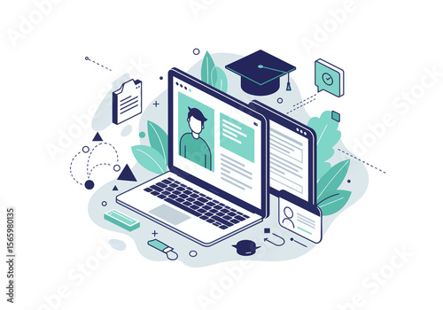 Modern minimalist vector symbolizing online education and digital knowledge transfer. Perfect for e-learning platforms