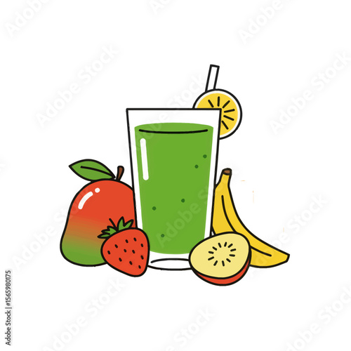 A vibrant illustration of a green smoothie with fresh fruit.