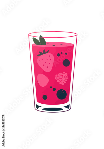 Illustration of a tall glass filled with a pink berry smoothie, garnished with mint leaves.