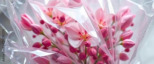 Delicate blooms encased in shimmering, translucent plastic wrap, delicate, closeup