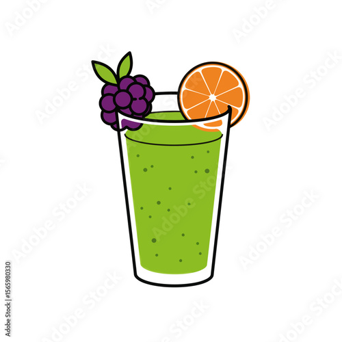 Refreshing green smoothie garnished with blackberry and orange slice.
