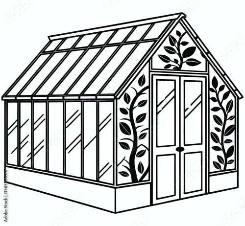 Botanical greenhouse line art with decorative leaf motifs