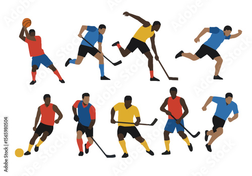 Diverse male athletes in action, showcasing various sports including basketball, hockey, and soccer.