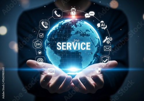 Global service network connecting people and technology with ai and communication icons