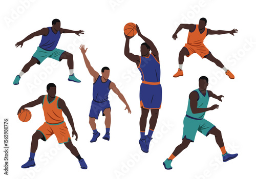 Silhouette illustration of diverse basketball players in various dynamic actions.
