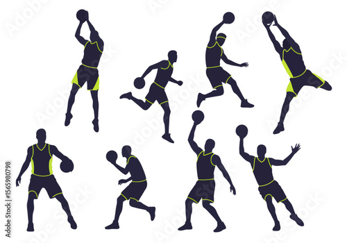 Silhouettes of basketball players in various action poses, including shooting, dribbling, and jumping.