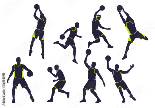 Wallpaper Mural Silhouette illustrations of basketball players in various dynamic actions, showcasing different plays and movements. Torontodigital.ca