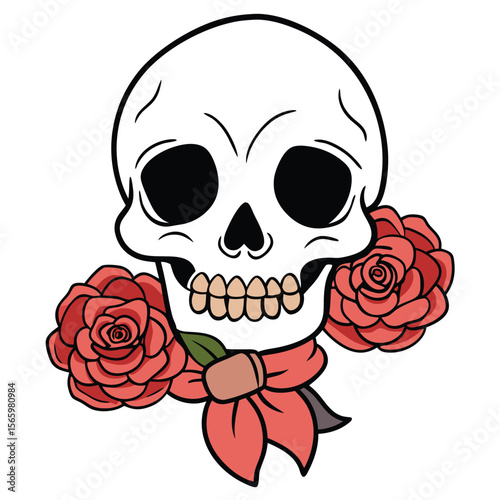 A Human Skull Adorned With Red Roses And A Scarf	