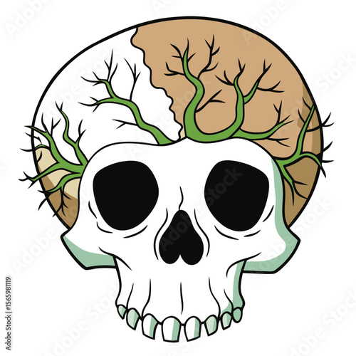 Skull with Growing Tree Branches and Earth	