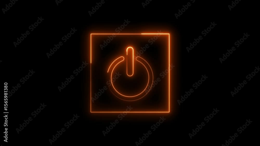power button icon animation glowing neon orange color startup shutdown screen turn on off button switch stop start computer closed button futuristic sign symbol on black background	