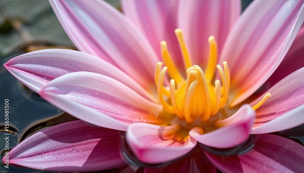 Obraz premium Close-up of a water-logged, vibrant plastic lily, saturated, surface