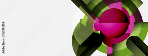 Abstract design features layered circles, vibrant pink, green hues. Modern composition creates dynamic visual impact. Minimalist aesthetic.
