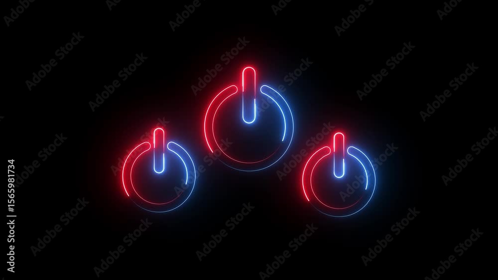 power button icon animation glowing neon red and blue color startup shutdown screen turn on off button switch stop start computer closed button futuristic sign symbol on black background	
