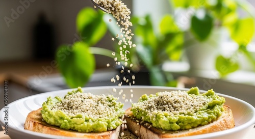 Sprinkling Hemp Seeds on Healthy Avocado Toast Breakfast