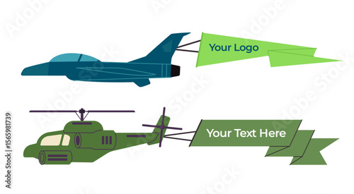 Vector illustration of a green helicopter flying with a blank banner or ribbon trailing behind it ready for custom text or logos, often used for aerial advertising