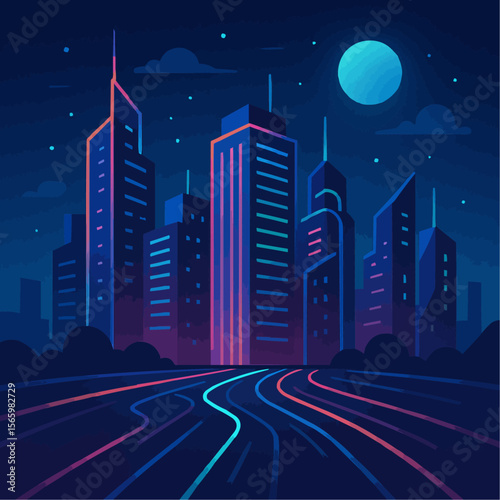 Neon Cityscape at Night: A vibrant, stylized cityscape at night, glowing with neon lights and illuminated by a full moon. The futuristic design features sleek, modern buildings and winding roads.