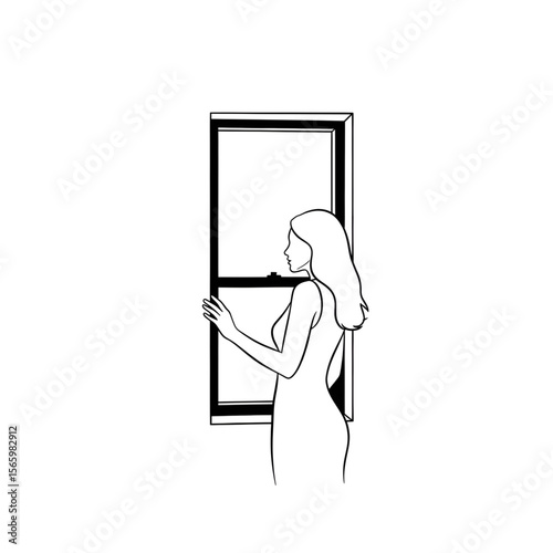 Woman Standing Near Window – Minimalist Line Art